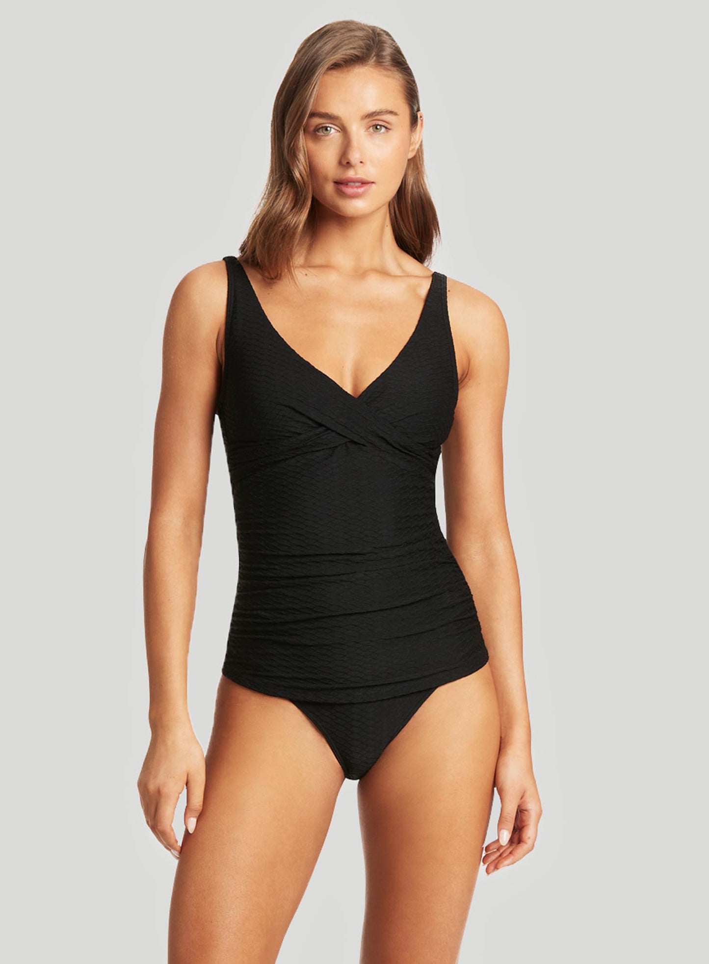 Sea Level: Honeycomb Cross Front Multifit Tankini Top Black