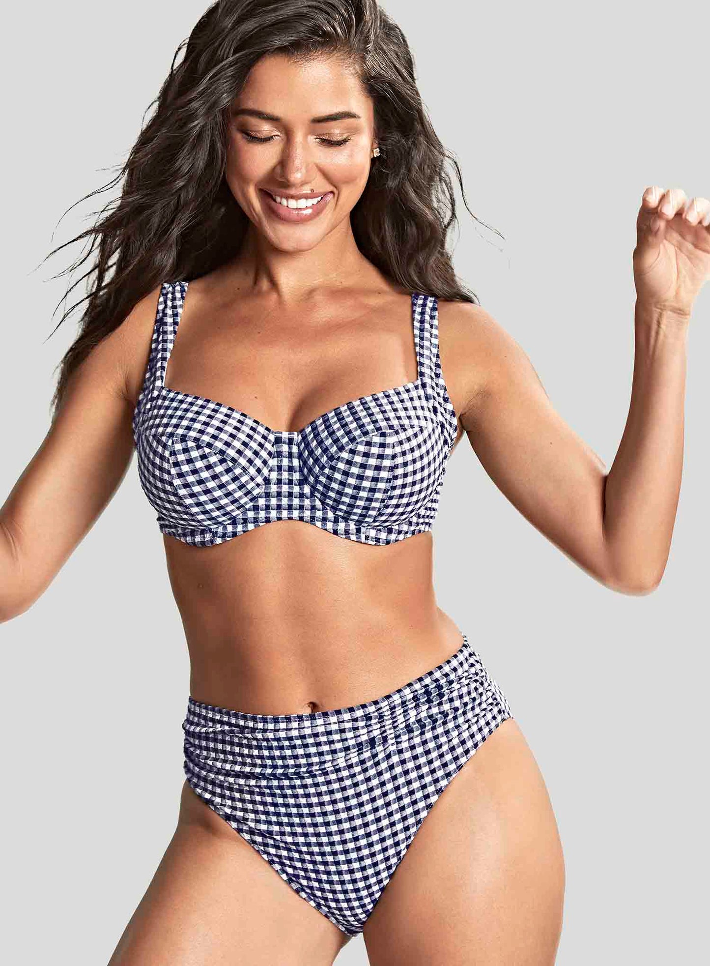 Panache Swimwear: Midi Gathered Bikini Brief Navy Gingham