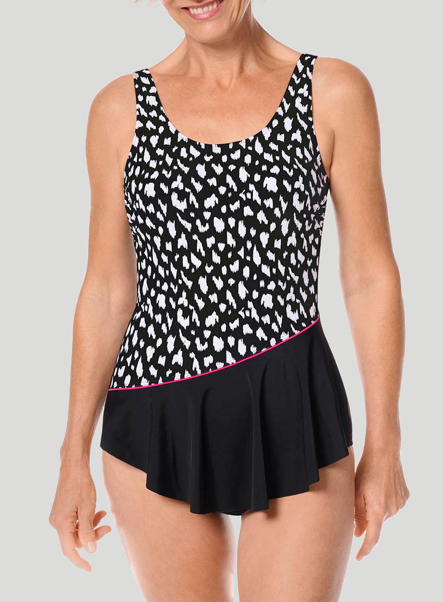 Amoena Swimwear: Manila Mastectomy Skirted One Piece Black White