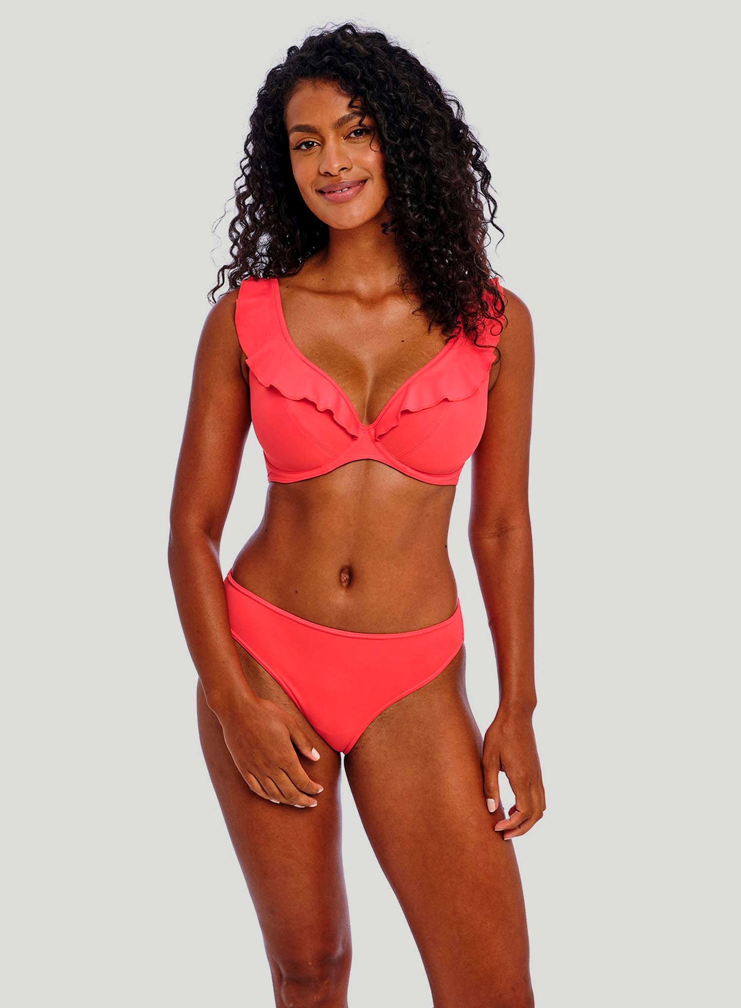 Freya Swimwear: Jewel Cove Underwired High Apex Bikini top With J Hook Plain Sunset 16DD / Plain Sunset