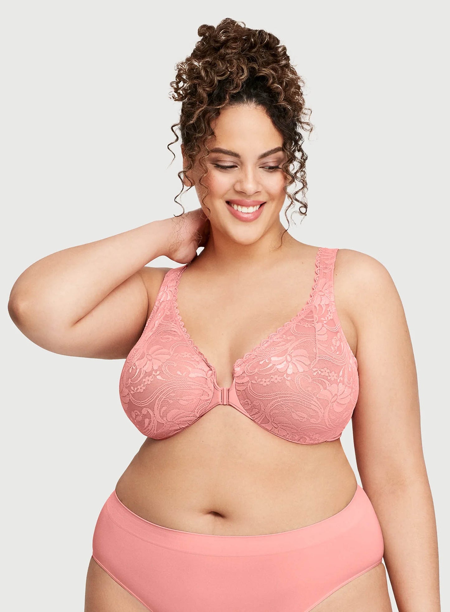 Glamorise: All Over Lace Front Opening Wonderwire Bra Apricot – DeBra's