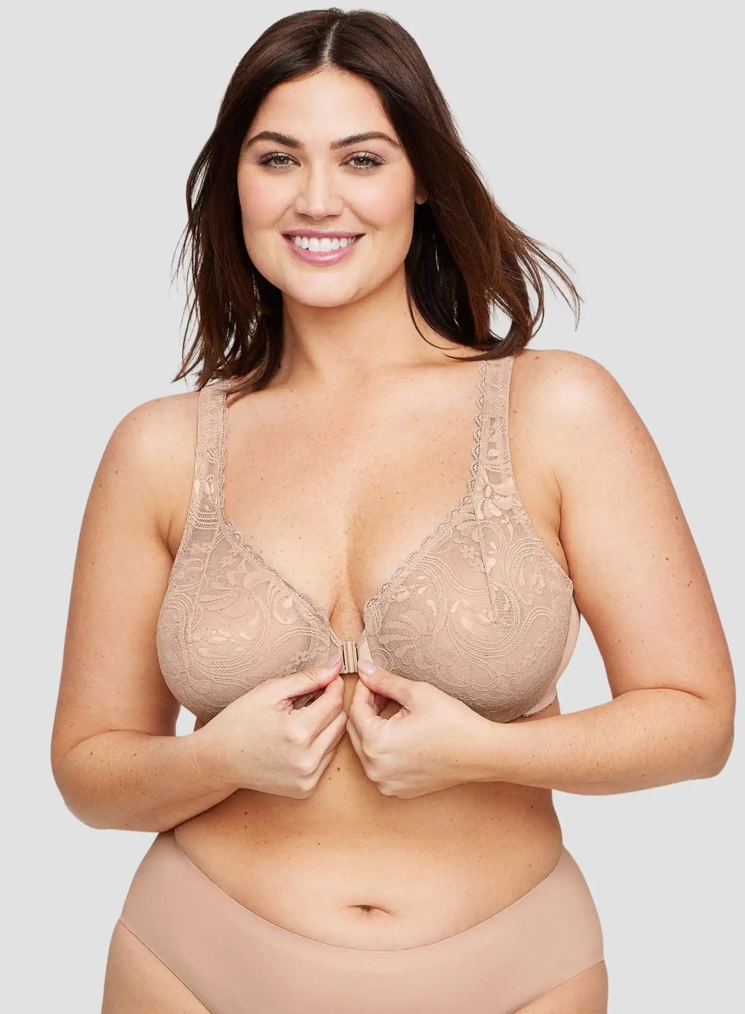 Glamorise: All Over Lace Front Opening Wonderwire Bra Cafe
