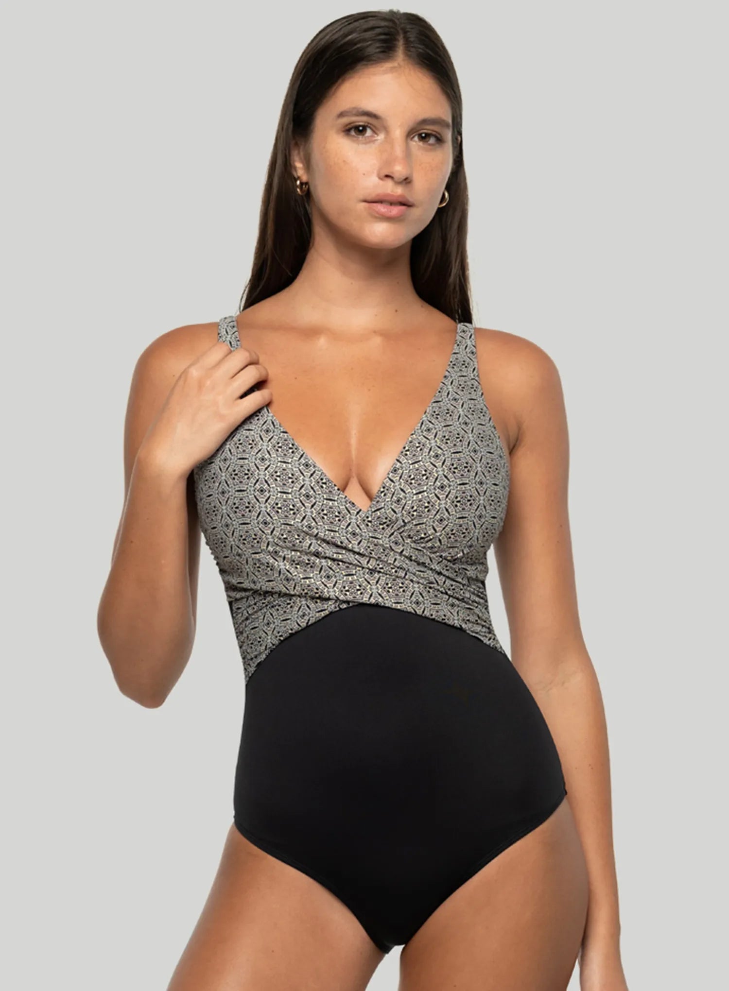Nip Tuck Swim: Tintilating Tile Ava Wrap Over Multifit One Piece Black