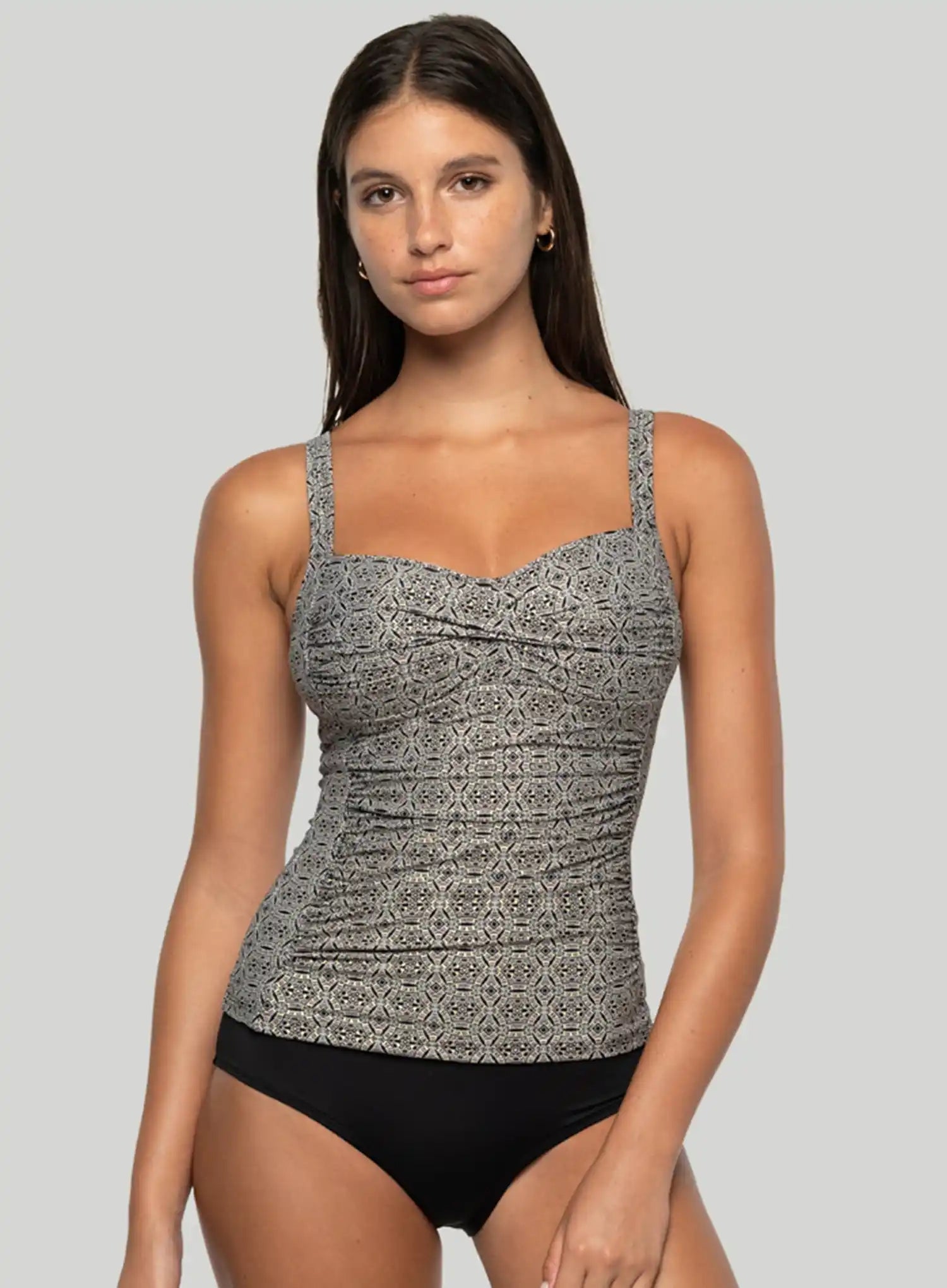 Nip Tuck Swim: Tintilating Tile Joanne Multifit Ruched Front Tankini Top Black